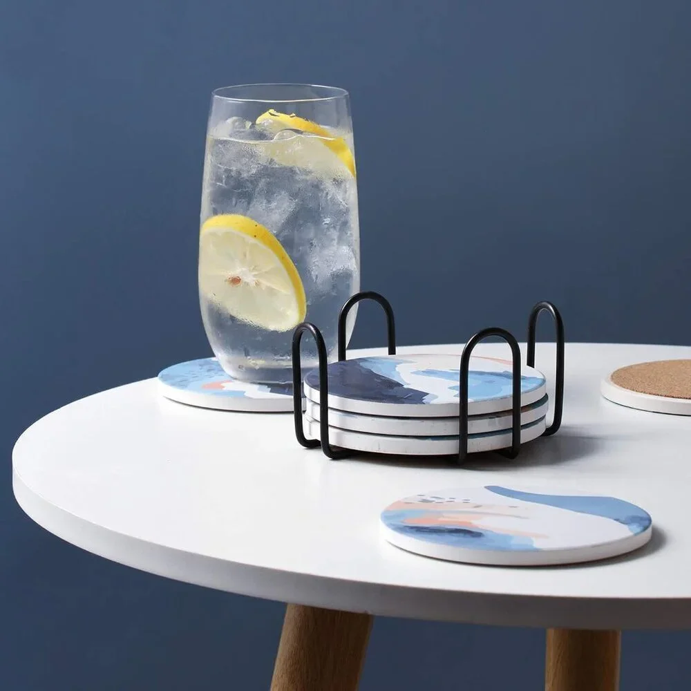 Coasters Set of 6 Absorbent Drink Coasters with Holder, Watercolor Marble Sandst